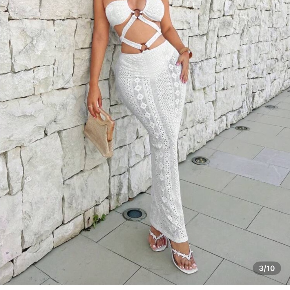 White Crochet Halter Maxi Dress - Picture 3 of 4